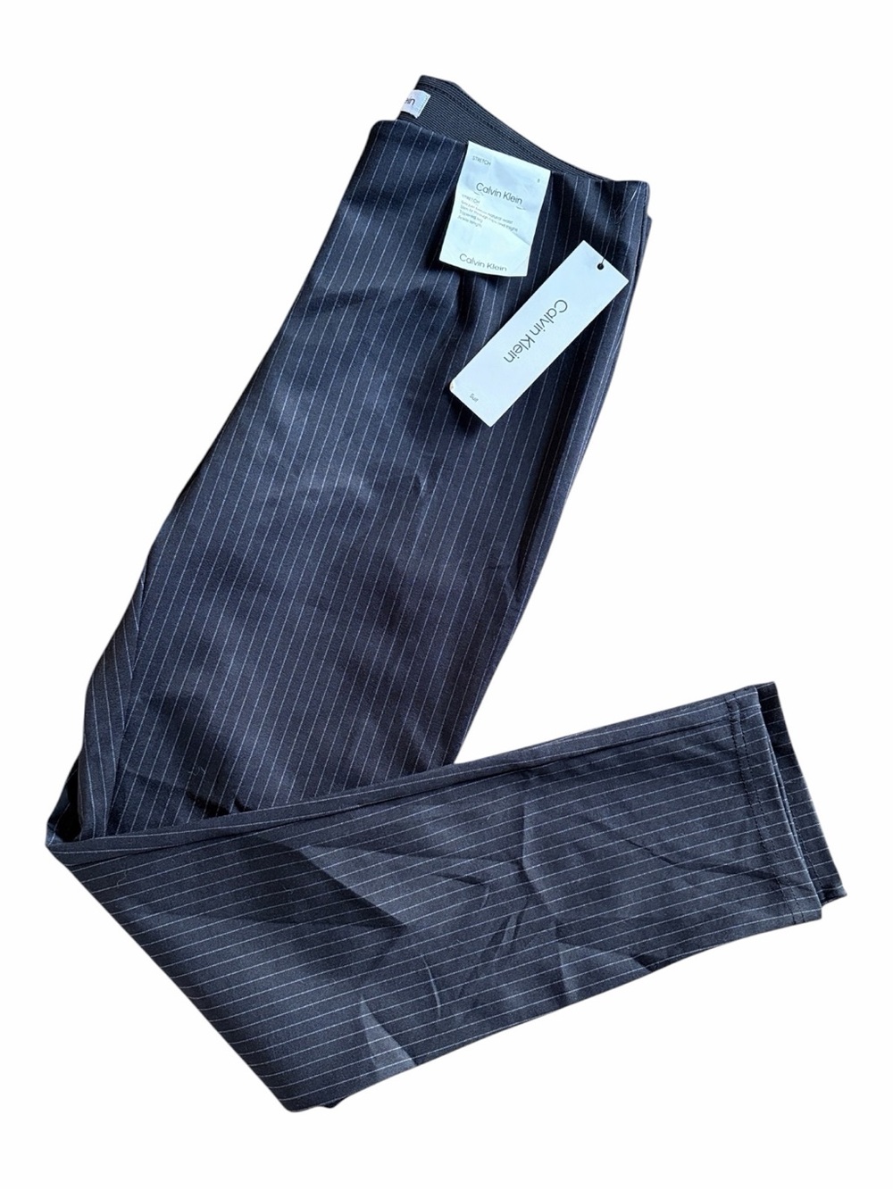 Calvin Klein Women’s Dress Pants Navy Pinstripe Stretch Taper Size 8 Poly Blend